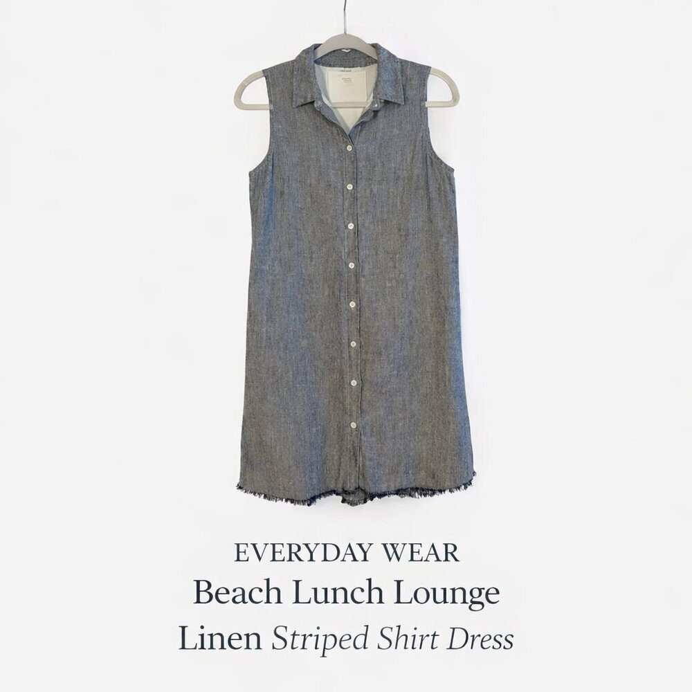 Beach Lunch Lounge Linen Striped Sleeveless Shirt Dress Blue S